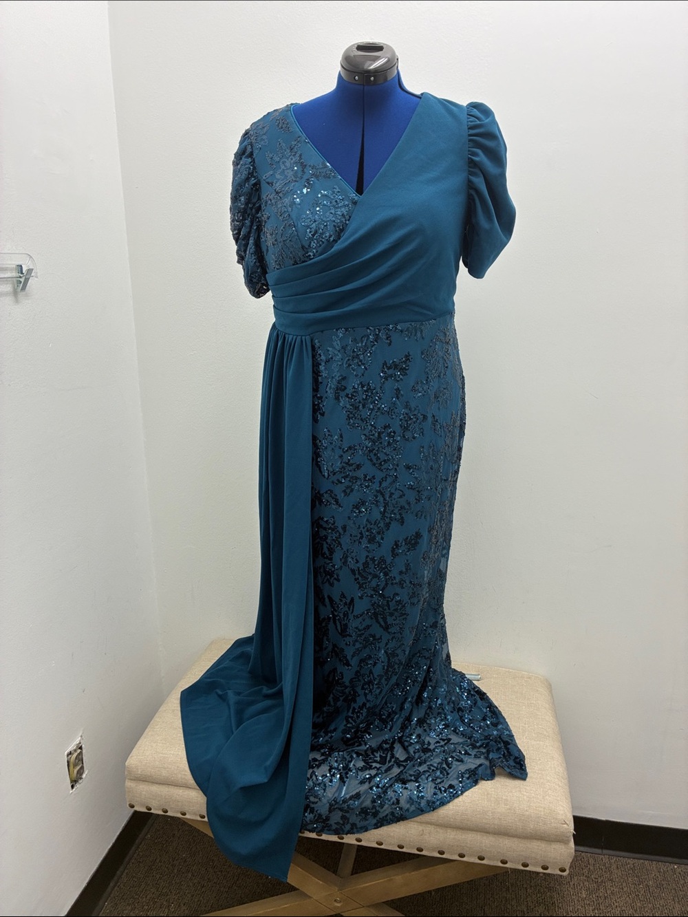 Teal Embellished Draped V-Neck Maxi Dress